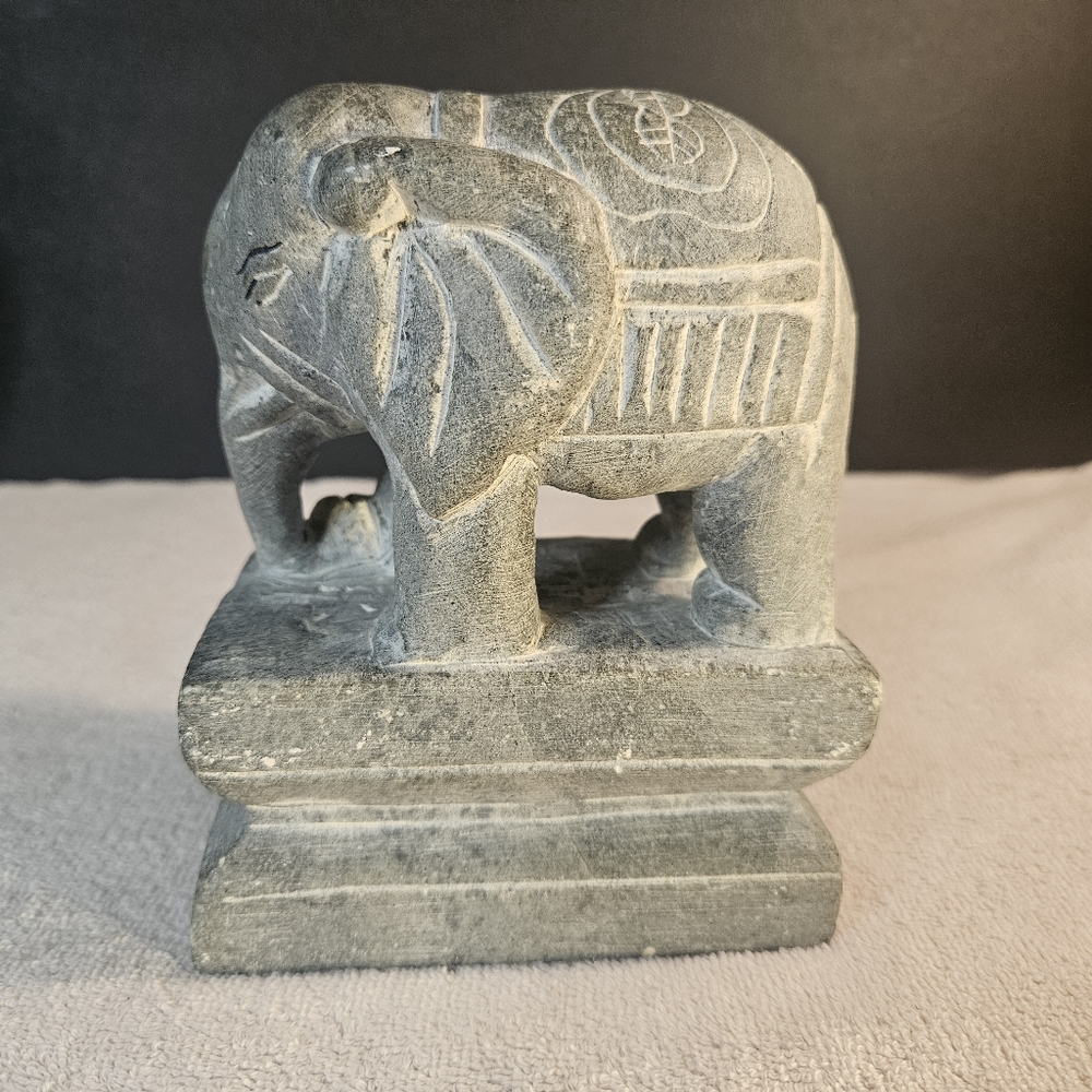 Mid 20th Century Heavy Solid Carved Stone Elephant Sculpture Etched Designs